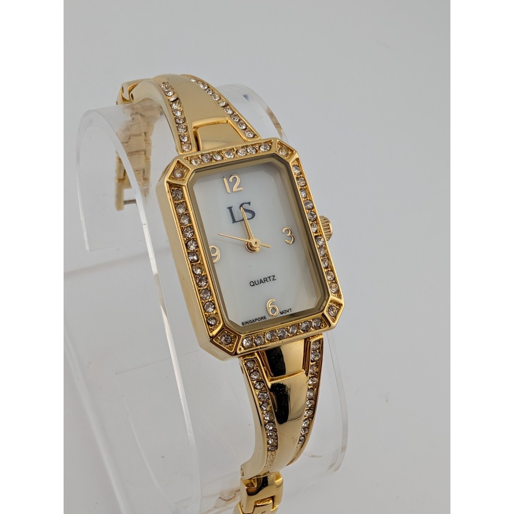 LS Watch Women 19mm Case Rhinestones White Dial Gold 6.75" Case- New Battery
